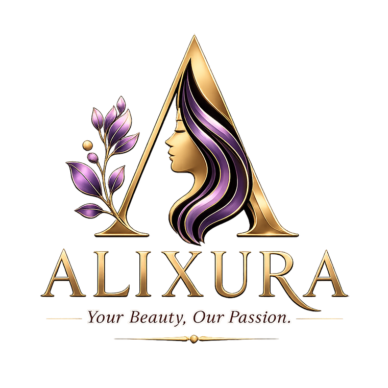 Logo of ALIXURA with a stylized face, purple hair, and floral elements on a white background.