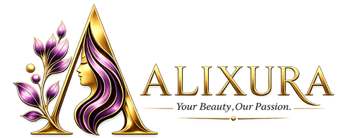 Logo of ALIXURA with a stylized woman's face, purple hair, and floral elements on a white background.
