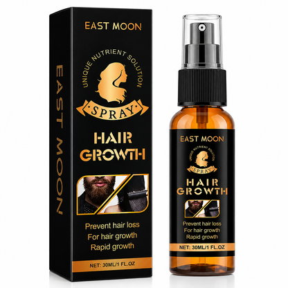 East Moon hair growth spray bottle and packaging on a white background