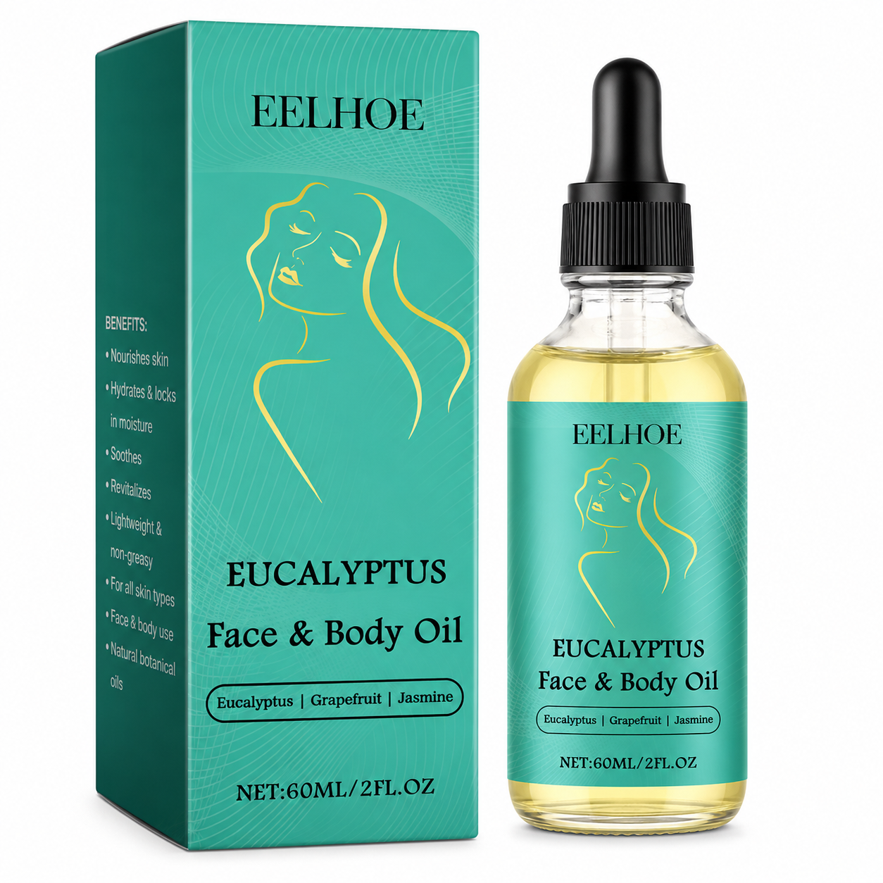 EELHOE Eucalyptus Face & Body Oil packaging with bottle on a white background