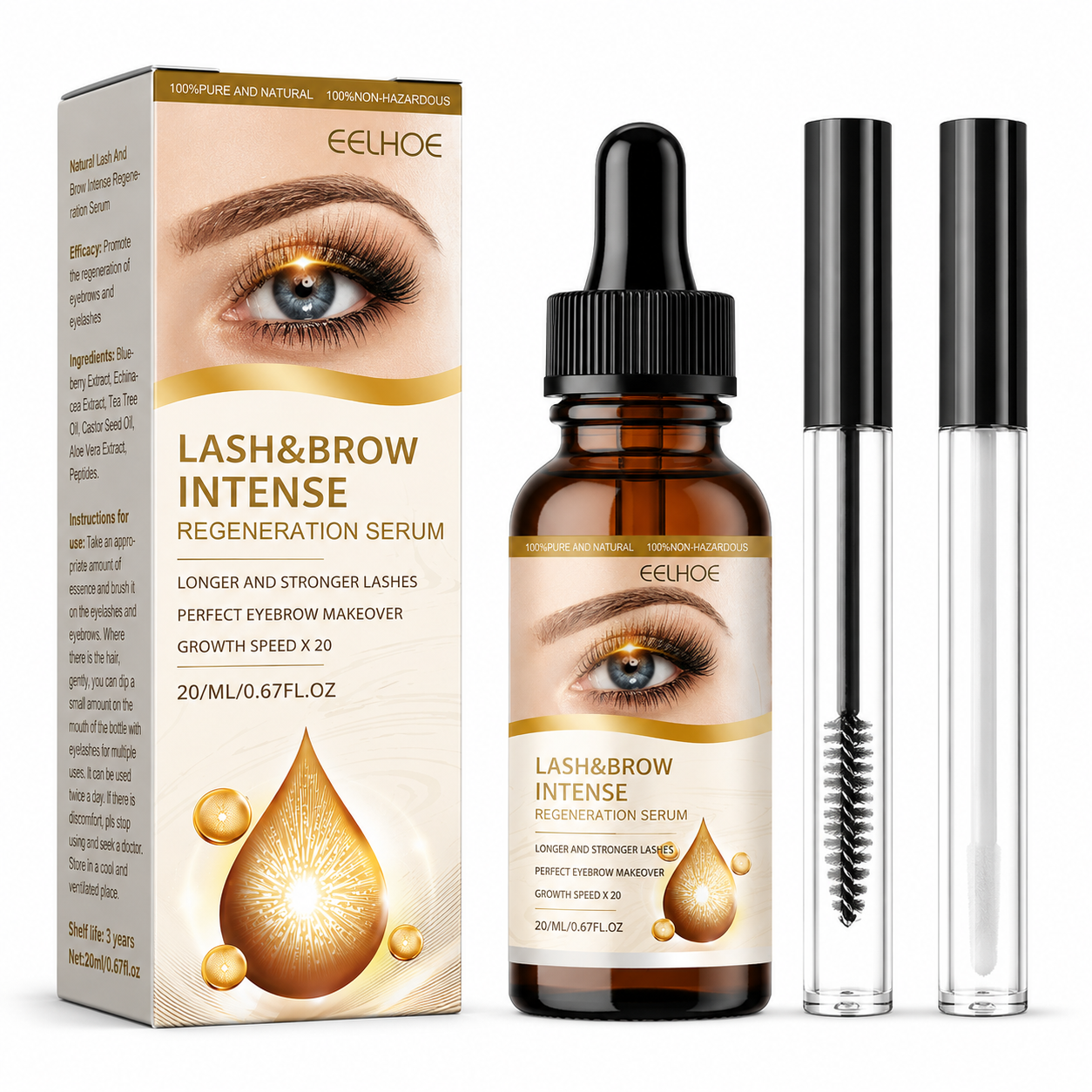 Eelhoe lash and brow serum set with bottle, box, and applicator on a white background