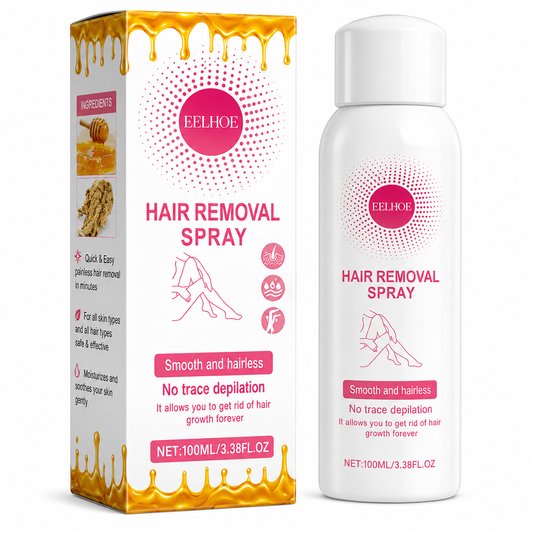 Hair removal spray packaging with box and bottle on a white background