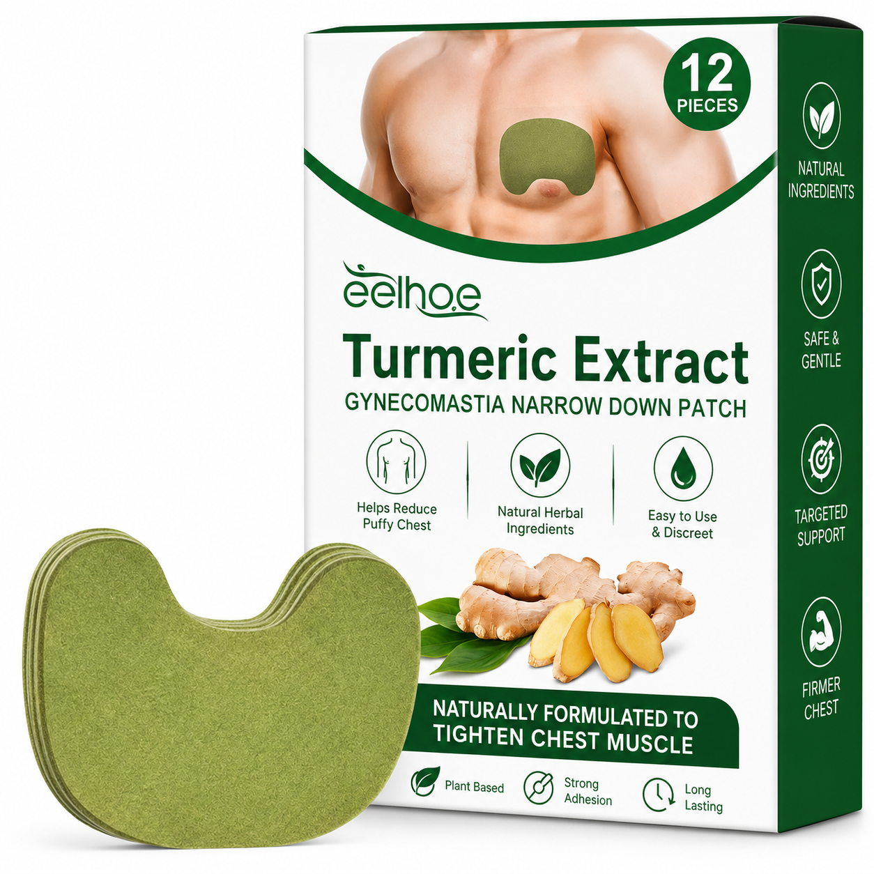 Turmeric Extract Gynecomastia Narrow Down Patch packaging with green patch on a white background