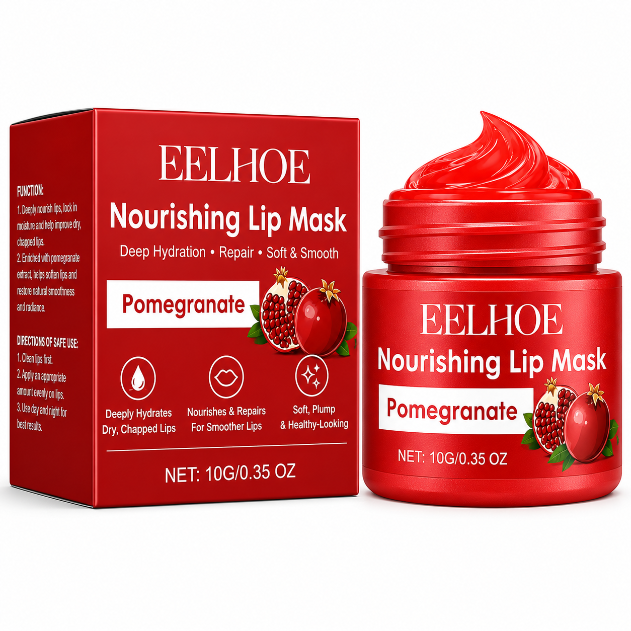 Eelhoe Pomegranate Nourishing Lip Mask with packaging on a white background