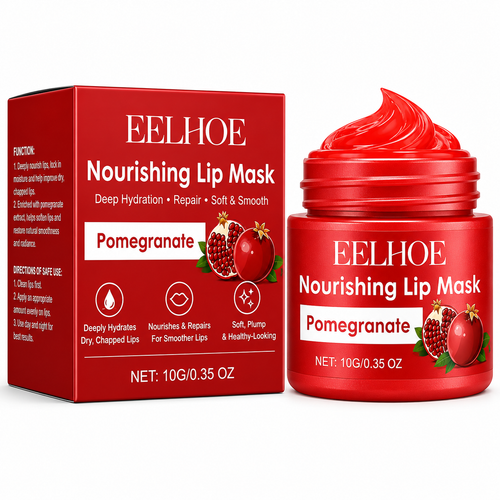 Eelhoe Pomegranate Nourishing Lip Mask with packaging on a white background
