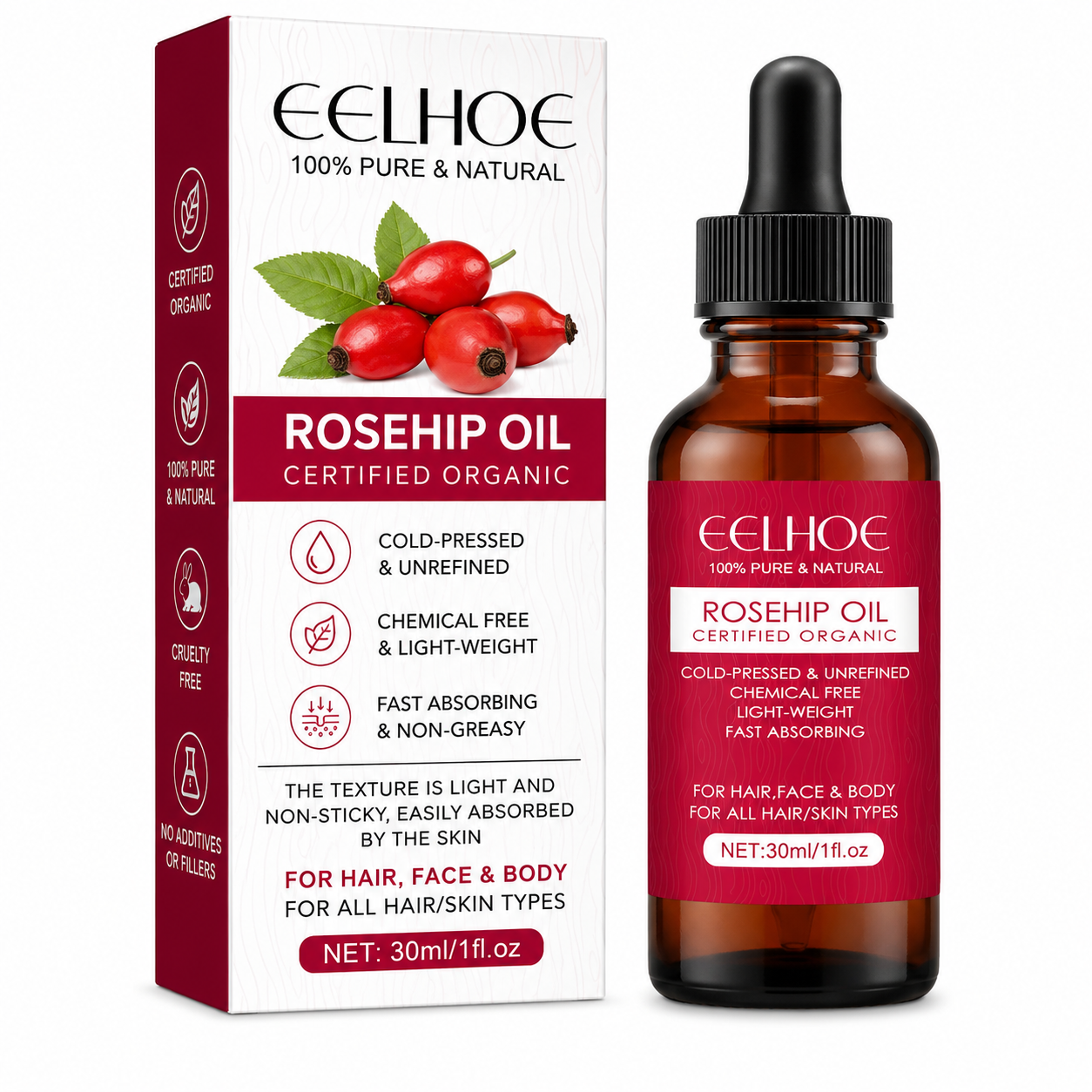Eelhoe Rosehip Oil bottle and packaging on a white background