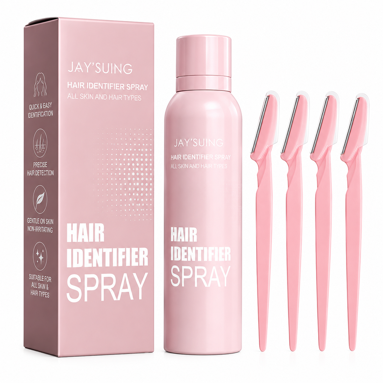 Pink hair identifier spray and comb set with packaging on a white background