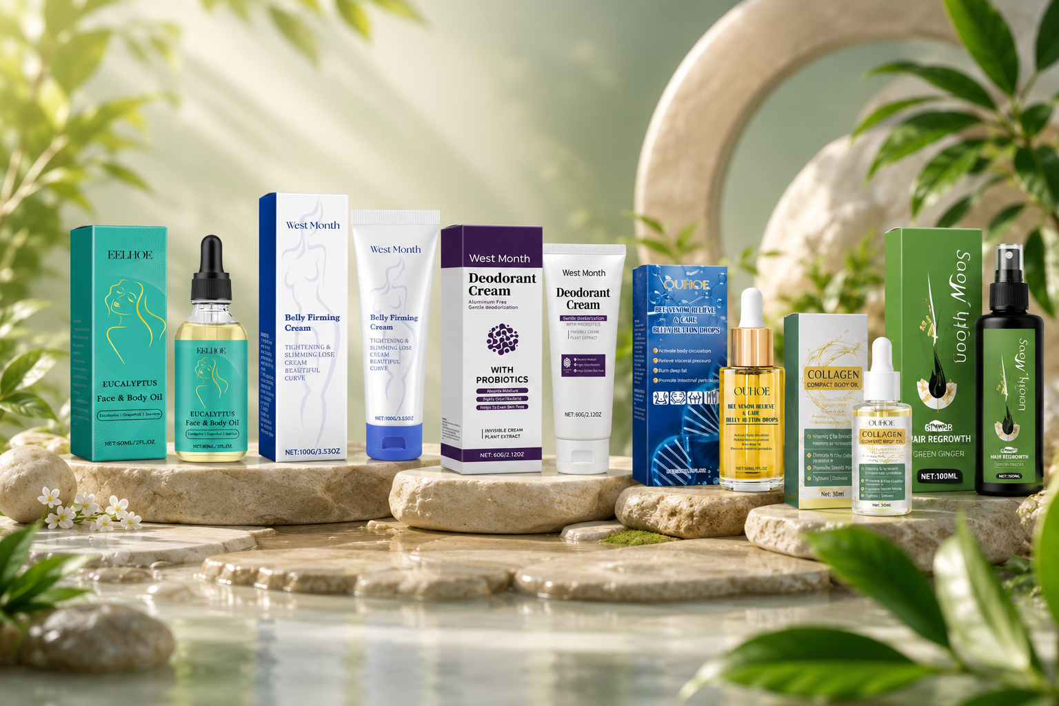 Premium beauty and wellness collection featuring eucalyptus face and body oil, belly firming cream, deodorant cream, bee venom care oil, collagen body oil, and hair regrowth serum displayed in a natural botanical setting.