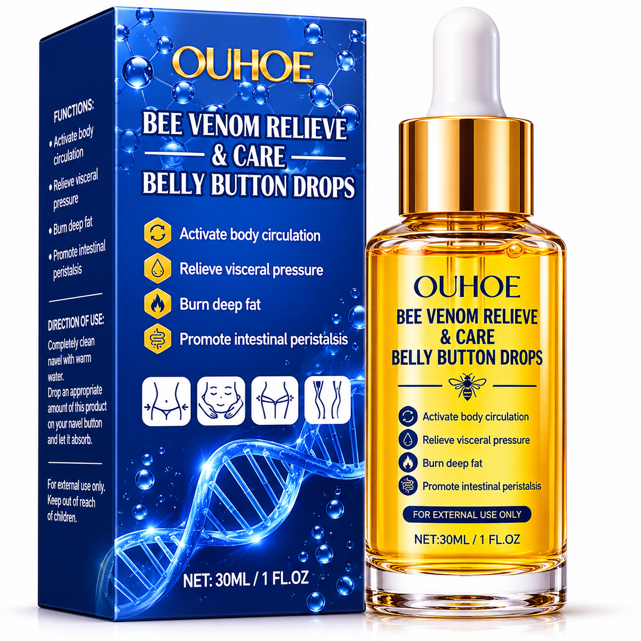 OUHOE Bee Venom Belly Button Drops bottle and packaging on a white background