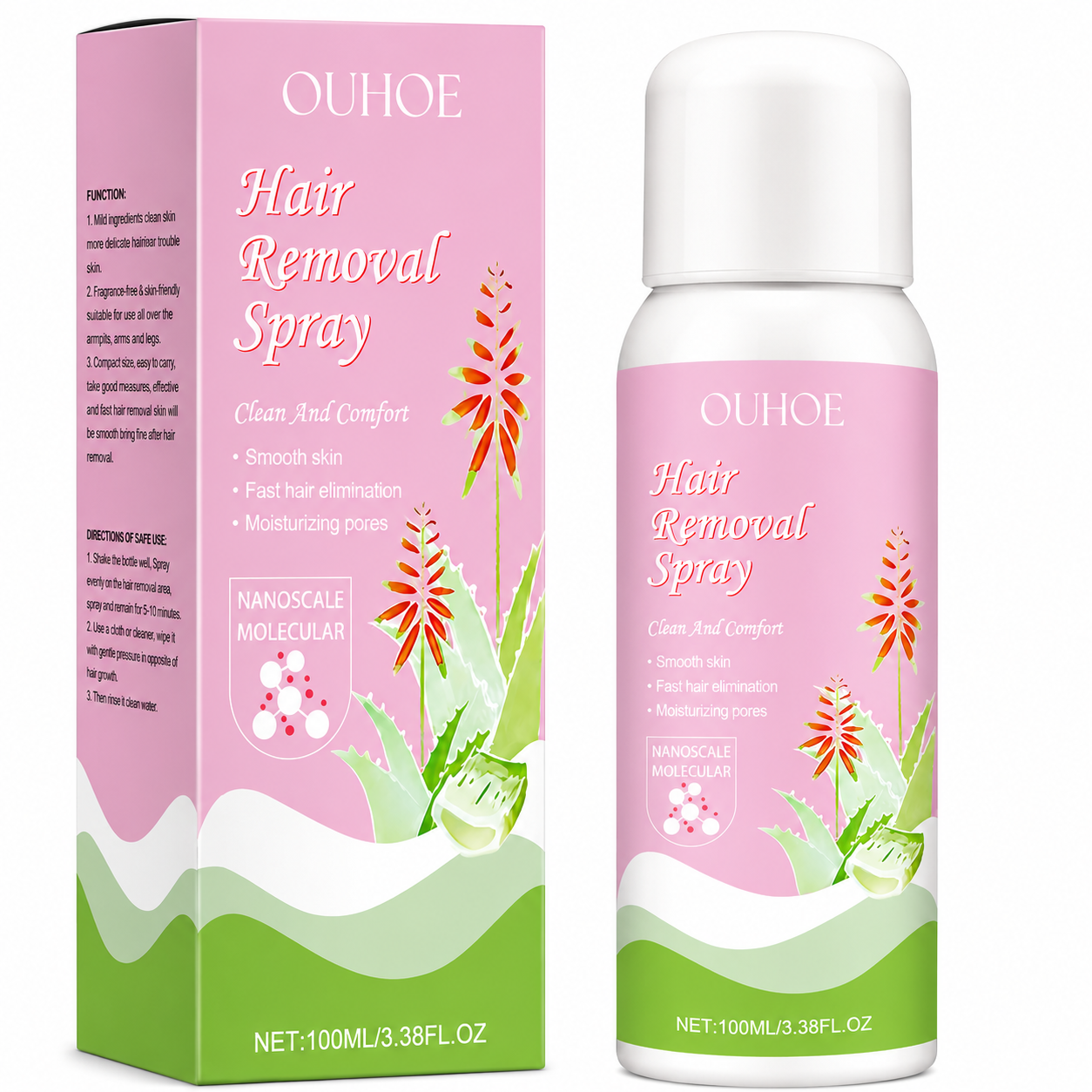 OUHOE Hair Removal Spray bottle and packaging on a white background