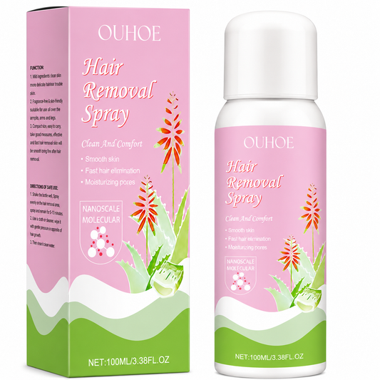 OUHOE Hair Removal Spray bottle and packaging on a white background