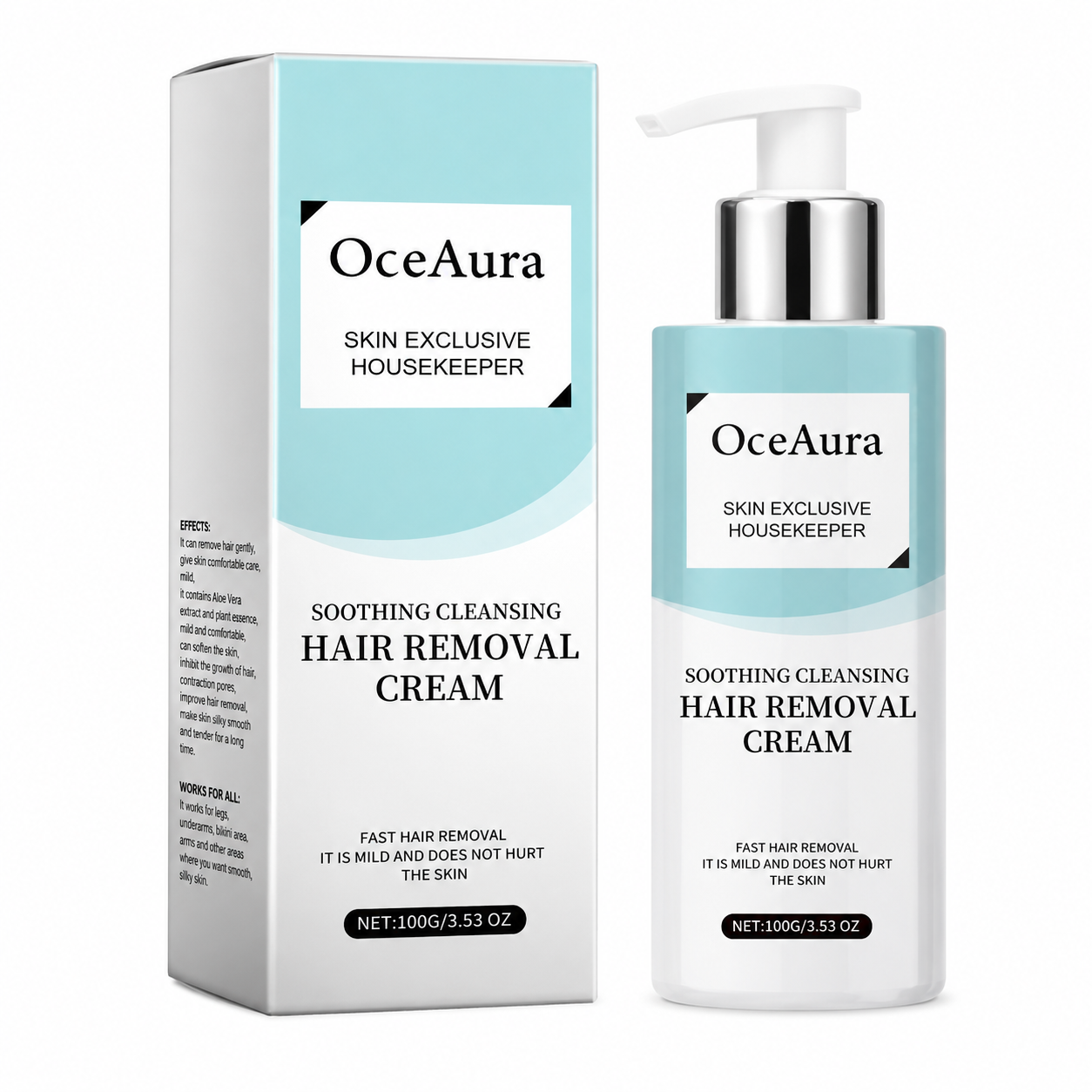 OceAura soothing cleansing hair removal cream with packaging on a white background