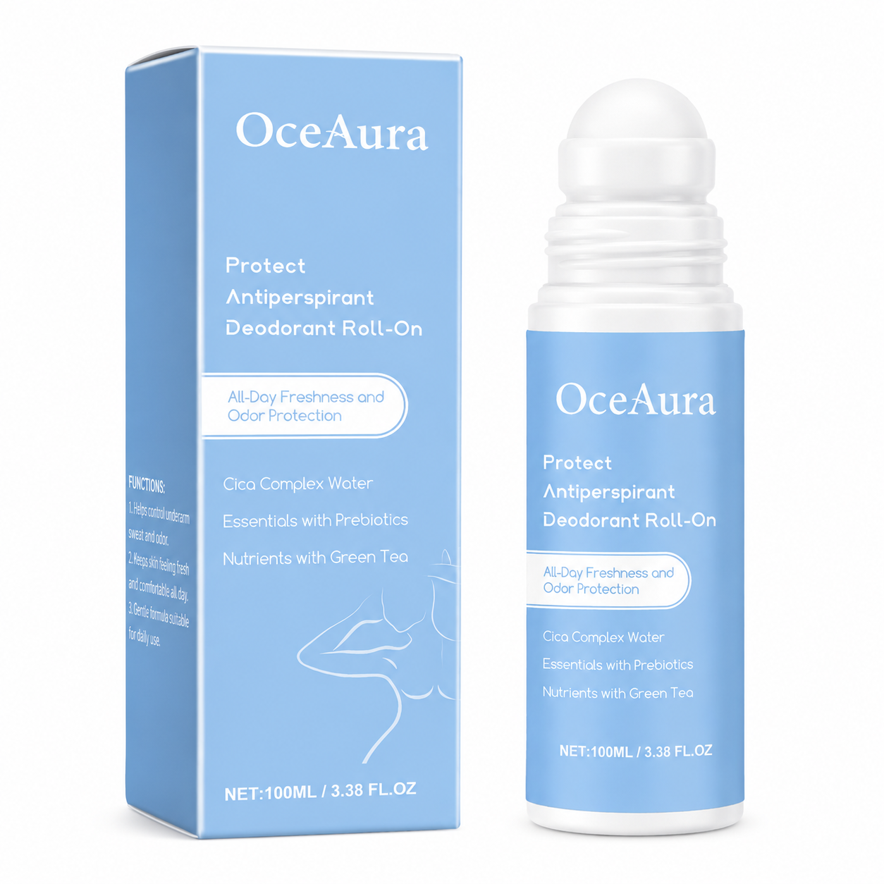 OceAura protect antiperspirant deodorant roll-on with packaging on a white background