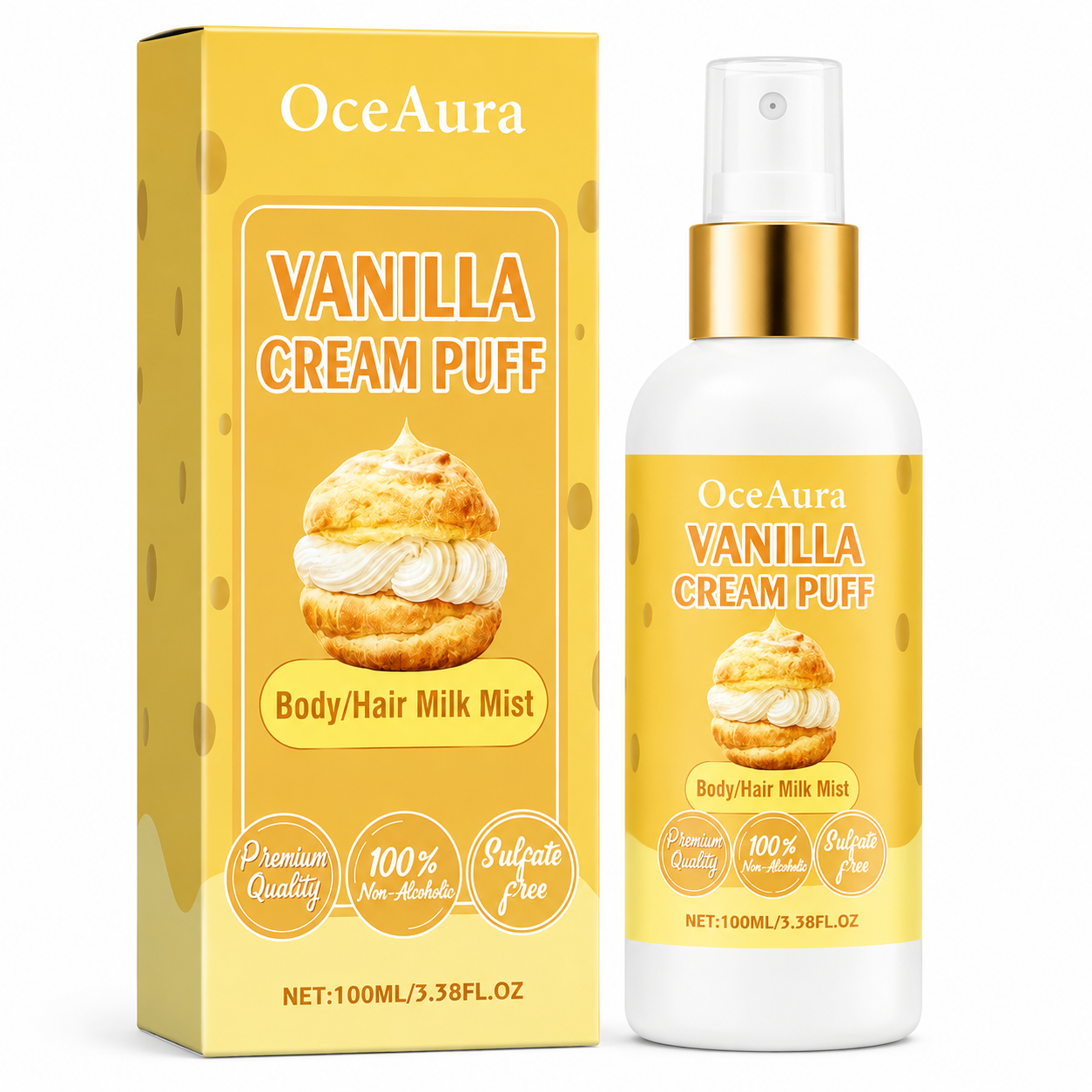 OceAura Vanilla Cream Puff body/hair milk mist packaging and bottle on a white background