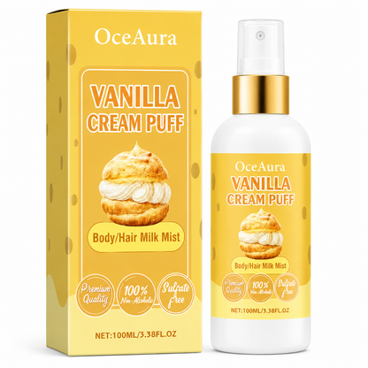 OceAura Vanilla Cream Puff body/hair milk mist packaging and bottle on a white background