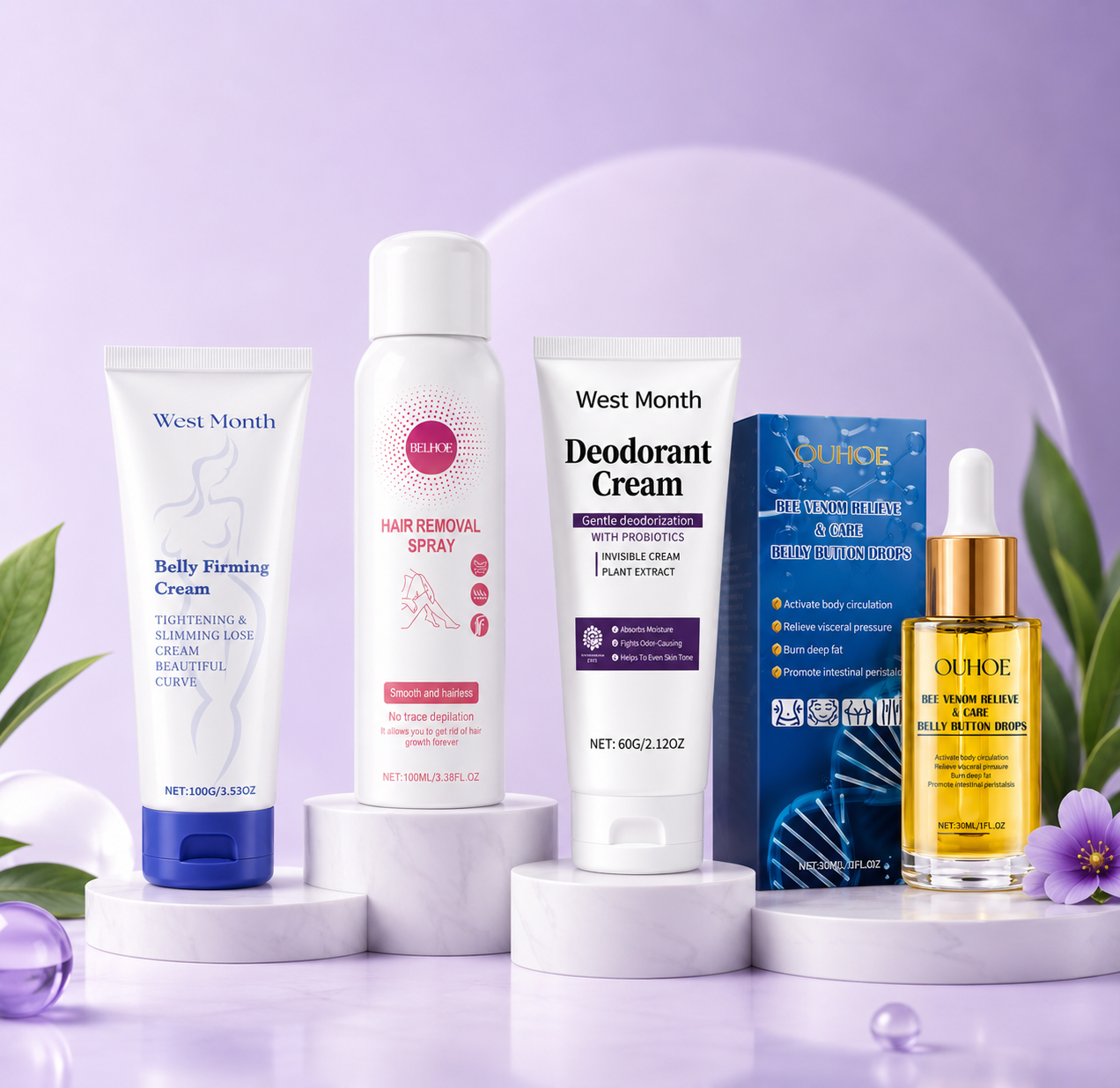 Premium body care collection featuring belly firming cream, hair removal spray, deodorant cream, and bee venom body oil displayed on elegant podiums with a soft purple luxury background.