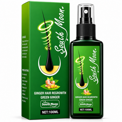 South Moon Ginger Hair Regrowth Green Ginger product packaging and bottle on a white background